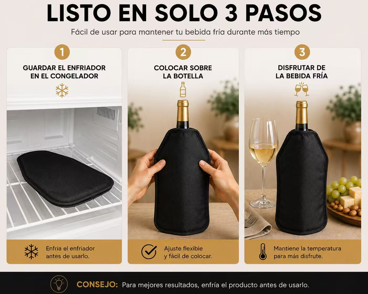 Fundas Enfriadoras para Vino 15 x 22 x 1,5 cm, con Gel Refrigerante Reutilizable, Enfriador para Botellas de Vino, Cava y Champán, Negro Pack de 2 Unidades