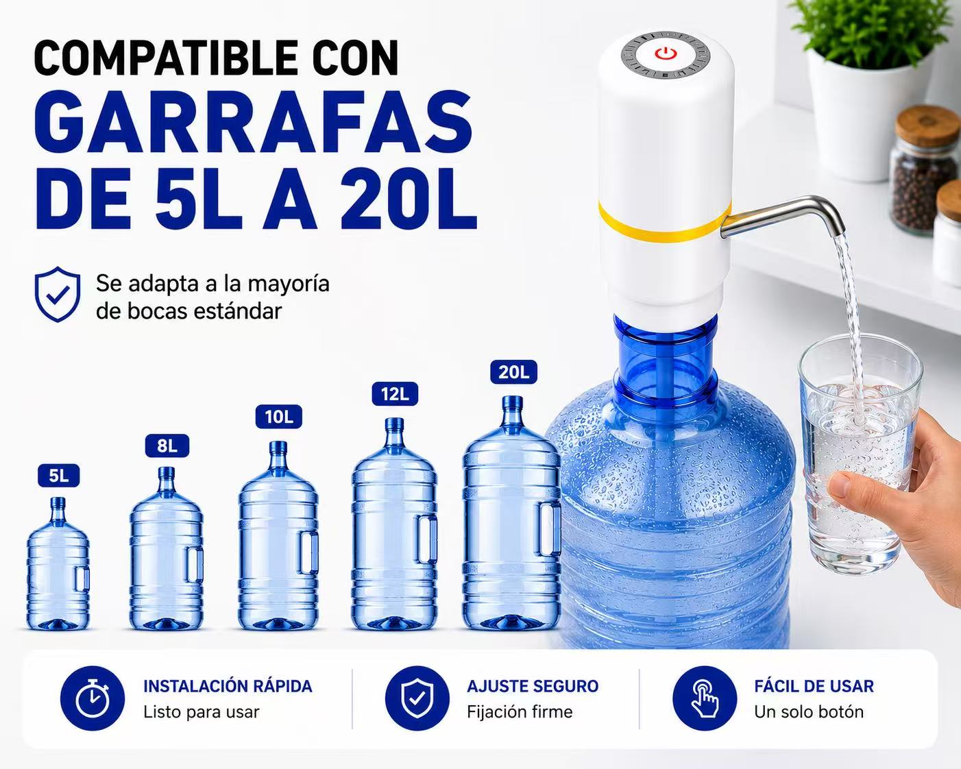 Dispensador de Agua para Garrafas 5L-20L, Bomba de Agua Eléctrica Automática USB-C Recargable, Adaptador Universal, Tubo de Acero Inoxidable, Compatible con la Mayoría de Bidones