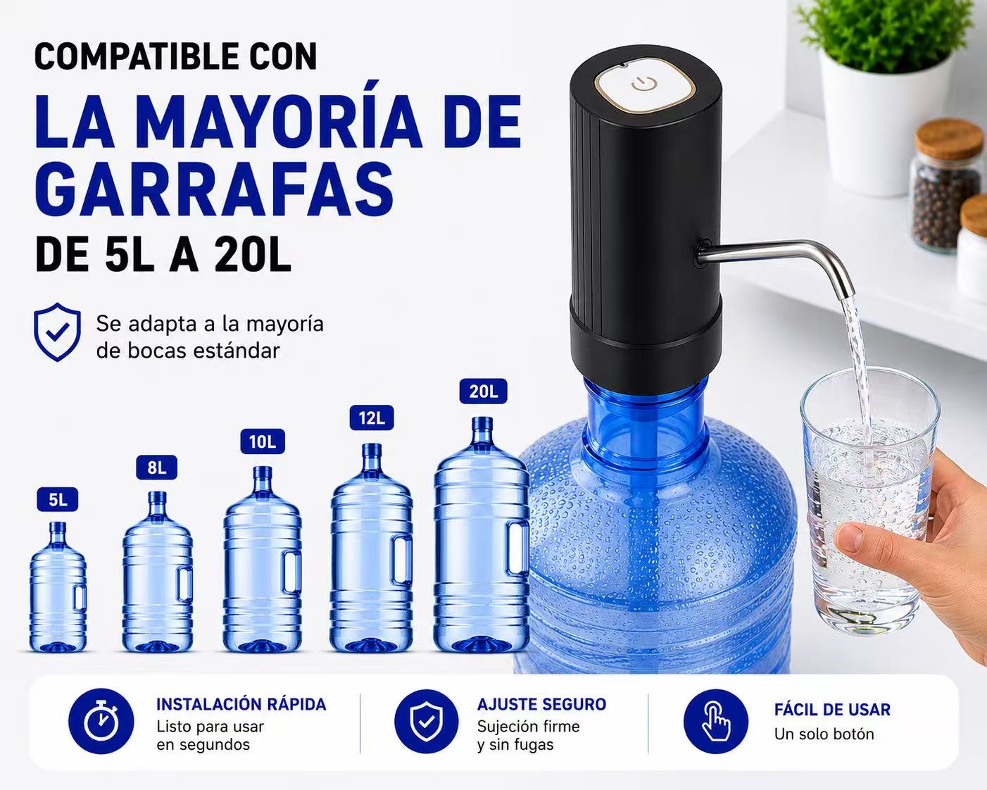 Dispensador de Agua para Garrafas 5L-20L, Bomba de Agua Eléctrica Automática USB-C Recargable, Adaptador Universal, Tubo de Acero Inoxidable, Compatible con la Mayoría de Bidones