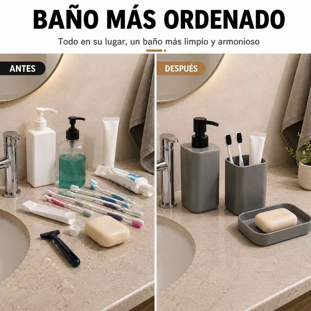 Set de Accesorios de Baño 3 Piezas , Dispensador de Jabón, Portacepillos de Dientes y Jabonera, Organizador para Lavabo, Diseño Moderno