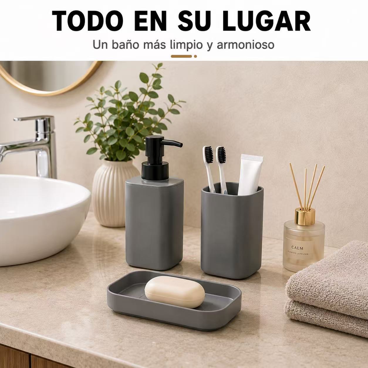 Set de Accesorios de Baño 3 Piezas , Dispensador de Jabón, Portacepillos de Dientes y Jabonera, Organizador para Lavabo, Diseño Moderno