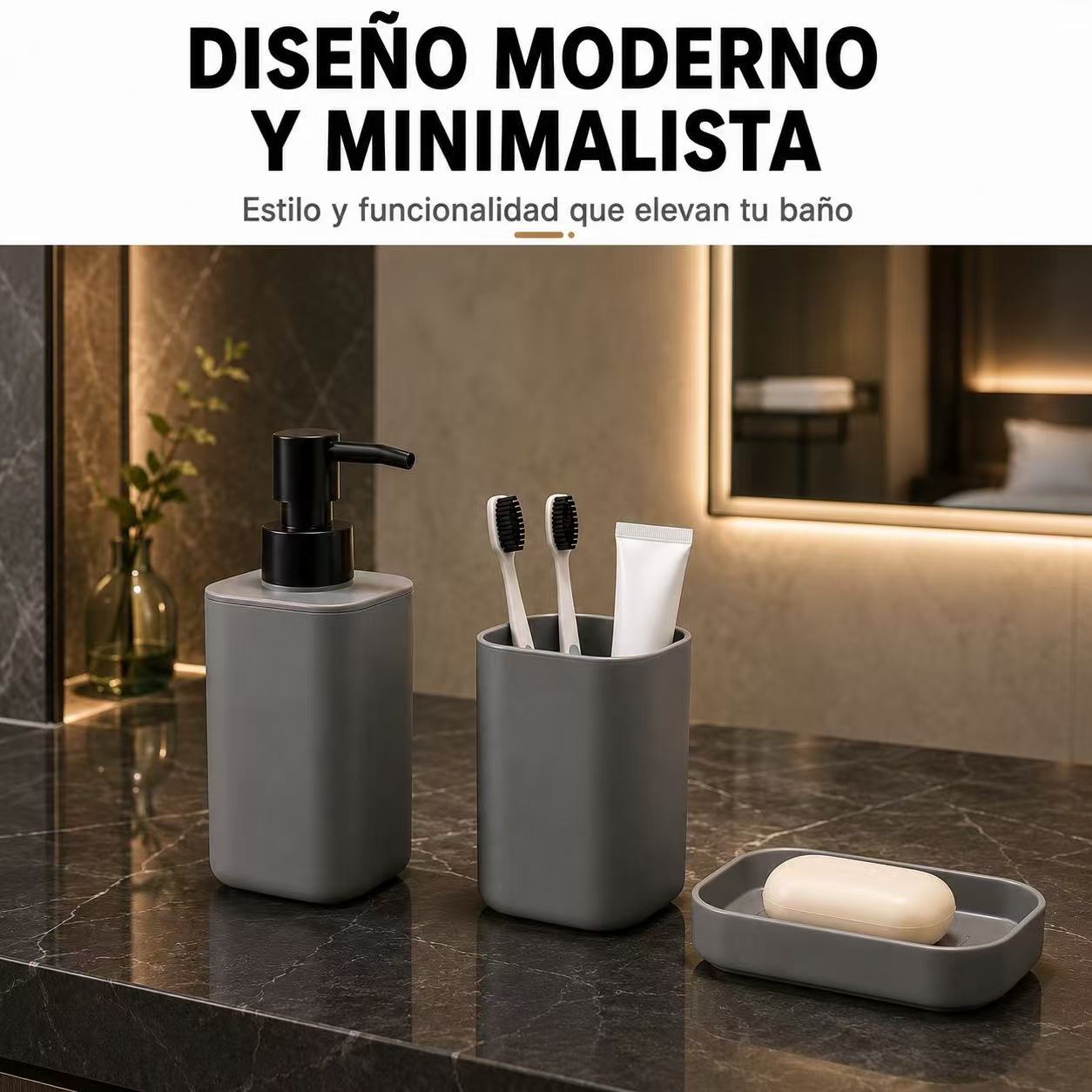 Set de Accesorios de Baño 3 Piezas , Dispensador de Jabón, Portacepillos de Dientes y Jabonera, Organizador para Lavabo, Diseño Moderno