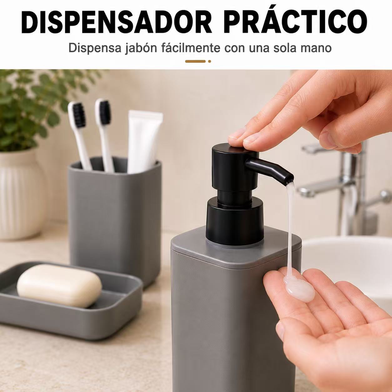 Set de Accesorios de Baño 3 Piezas , Dispensador de Jabón, Portacepillos de Dientes y Jabonera, Organizador para Lavabo, Diseño Moderno