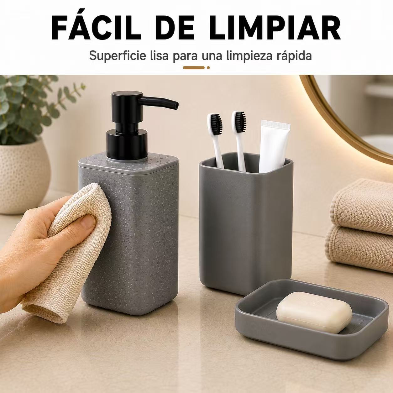 Set de Accesorios de Baño 3 Piezas , Dispensador de Jabón, Portacepillos de Dientes y Jabonera, Organizador para Lavabo, Diseño Moderno