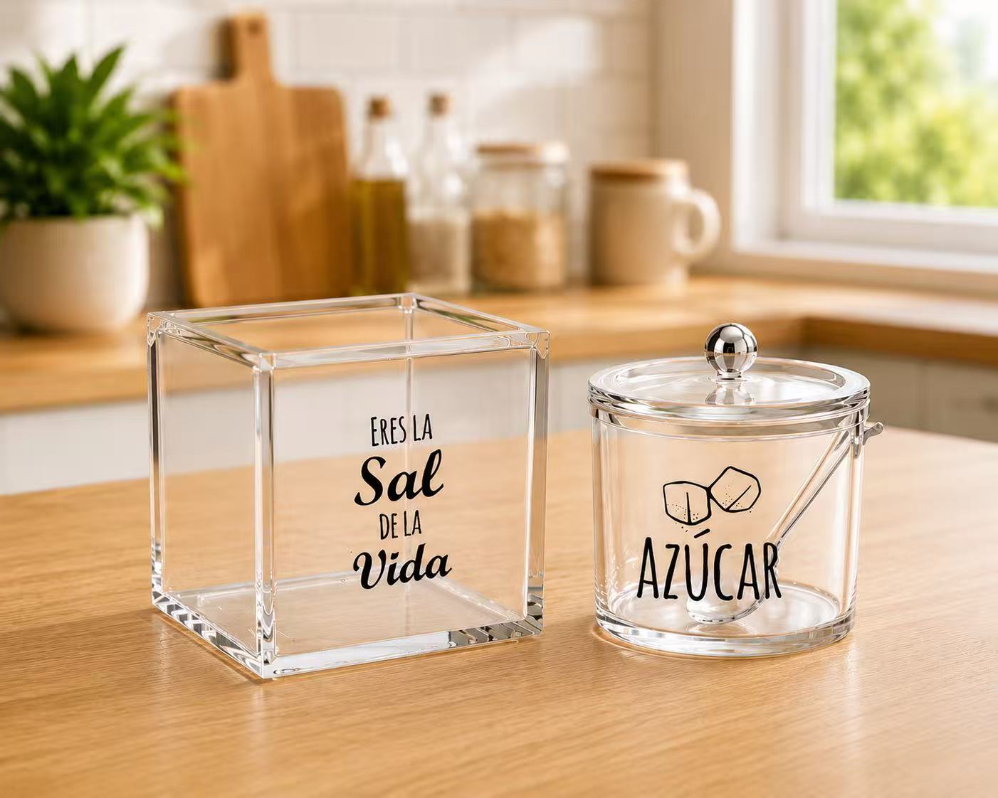 DAMDAM GO Salero y Azucarero de Cocina Super Original Acrilico Diseño Frases, Juego de Sal y Azúcar con Tapa