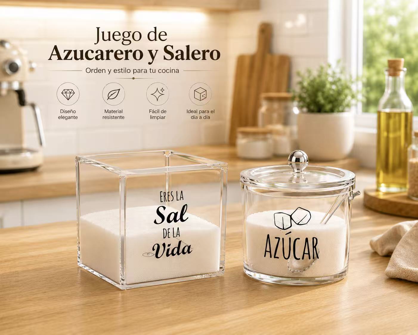 DAMDAM GO Salero y Azucarero de Cocina Super Original Acrilico Diseño Frases, Juego de Sal y Azúcar con Tapa