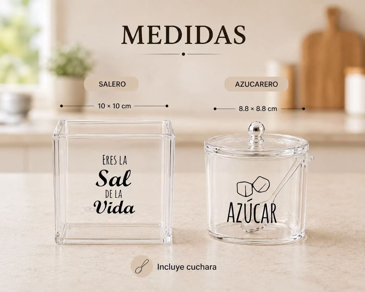 Juego de Salero y Azucarero con Cuchara, Set de Acrílico Transparente para Cocina, Organizador Elegante para Encimera