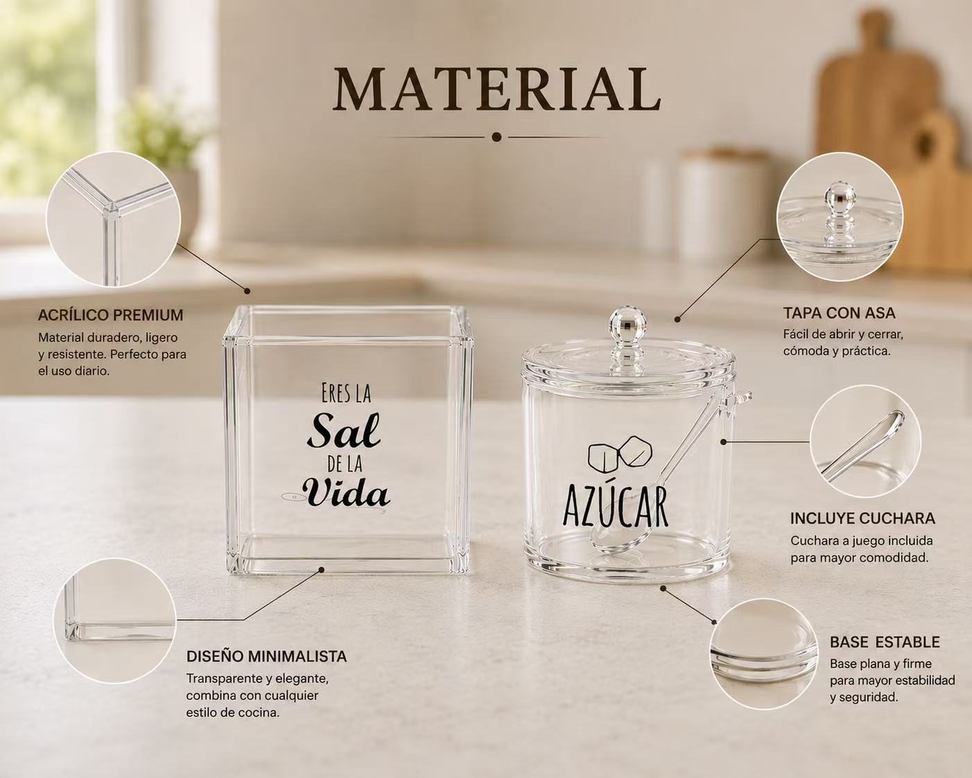 DAMDAM GO Salero y Azucarero de Cocina Super Original Acrilico Diseño Frases, Juego de Sal y Azúcar con Tapa