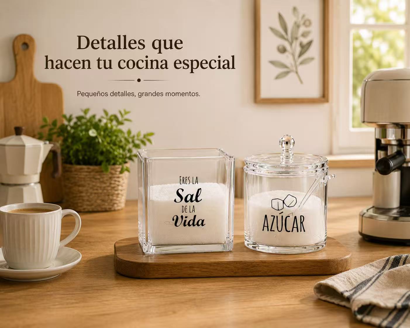 DAMDAM GO Salero y Azucarero de Cocina Super Original Acrilico Diseño Frases, Juego de Sal y Azúcar con Tapa