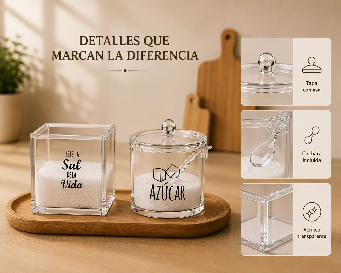 DAMDAM GO Salero y Azucarero de Cocina Super Original Acrilico Diseño Frases, Juego de Sal y Azúcar con Tapa