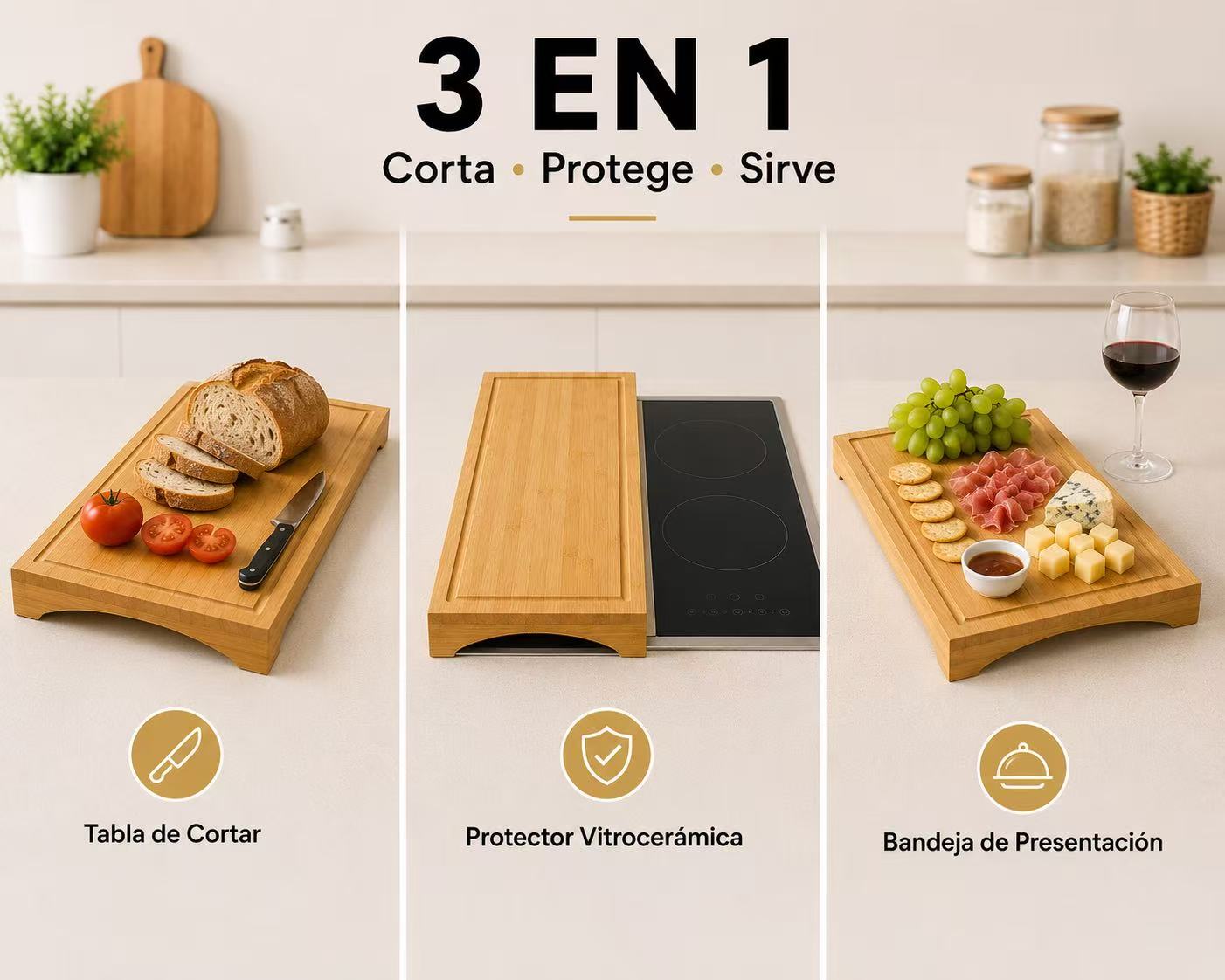 Cubre Vitrocerámica XXL de Bambú 53,8 × 28 cm, Gana Más Espacio en la Cocina, Protector Elevado para Vitrocerámica, 3 en 1 Tabla de Cortar y Bandeja de Servir, Ranura Antiderrames
