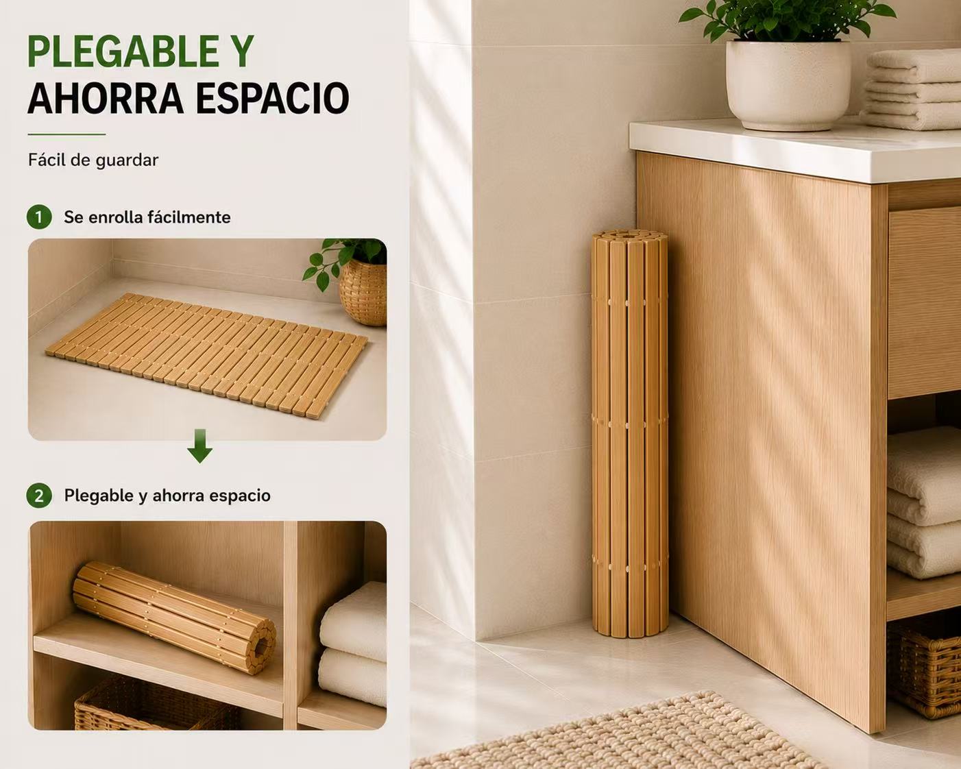 Alfombra de Ducha de Bambú, Tarima de Baño Plegable, Esterilla para Ducha y Lavabo, Alfombrilla para Baño de Bambú Natural