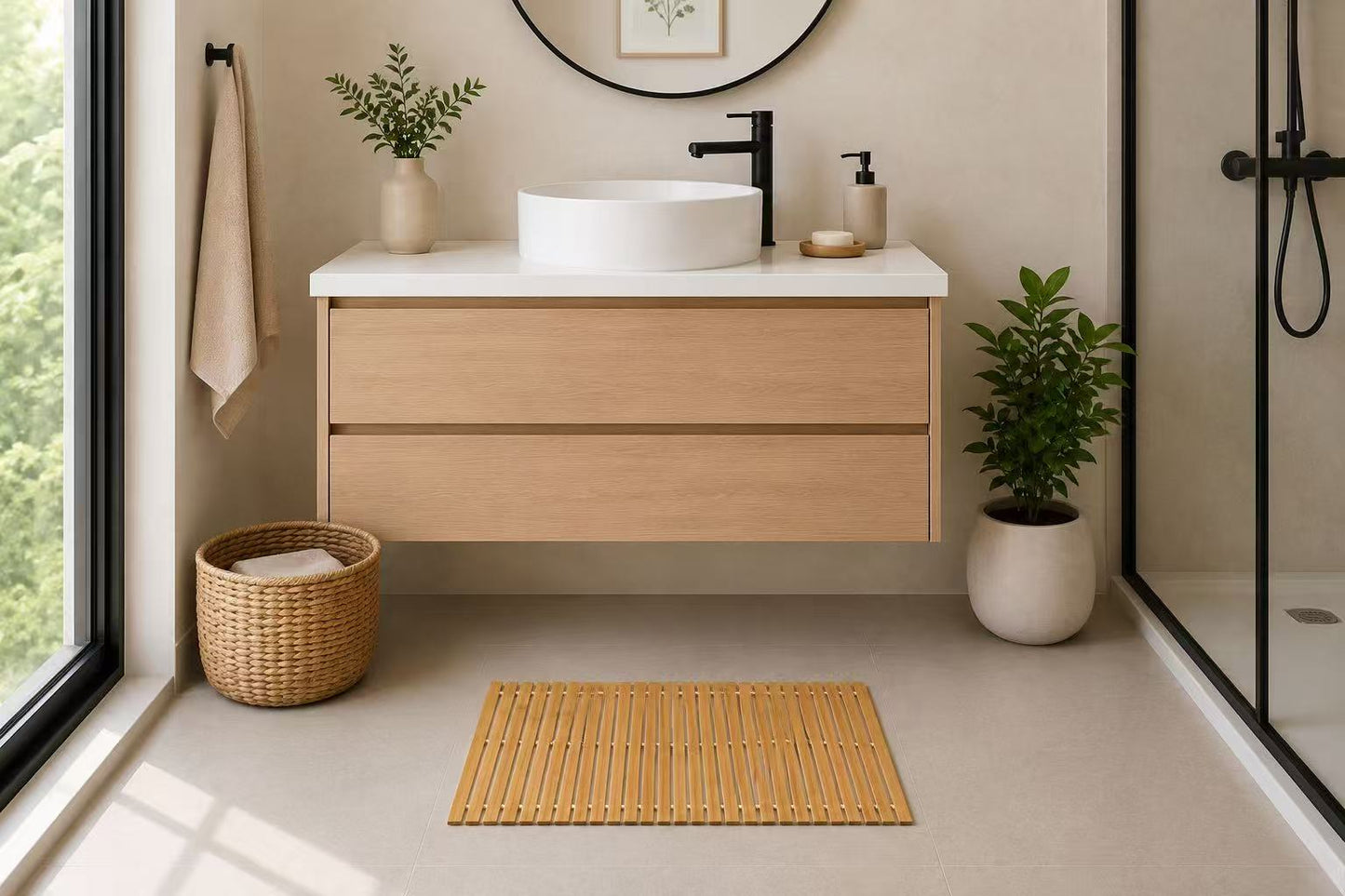 Alfombra de Ducha de Bambú, Tarima de Baño Plegable, Esterilla para Ducha y Lavabo, Alfombrilla para Baño de Bambú Natural