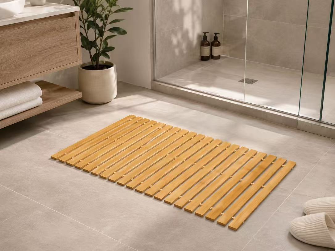 Alfombra de Ducha de Bambú, Tarima de Baño Plegable, Esterilla para Ducha y Lavabo, Alfombrilla para Baño de Bambú Natural