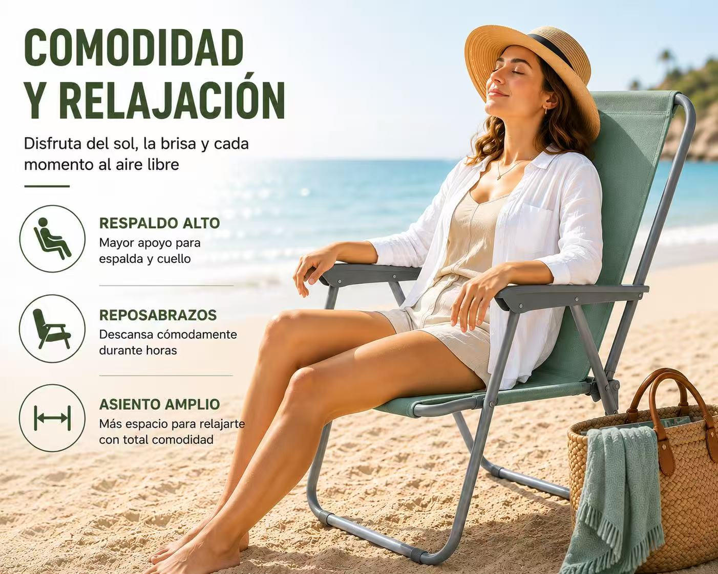 Silla de Playa Plegable Compacta, Ultraligera, con Respaldo Alto y Reposabrazos, Fácil de Transportar, Ideal para Playa, Camping, Terraza, Jardín, Balcón y Exterior