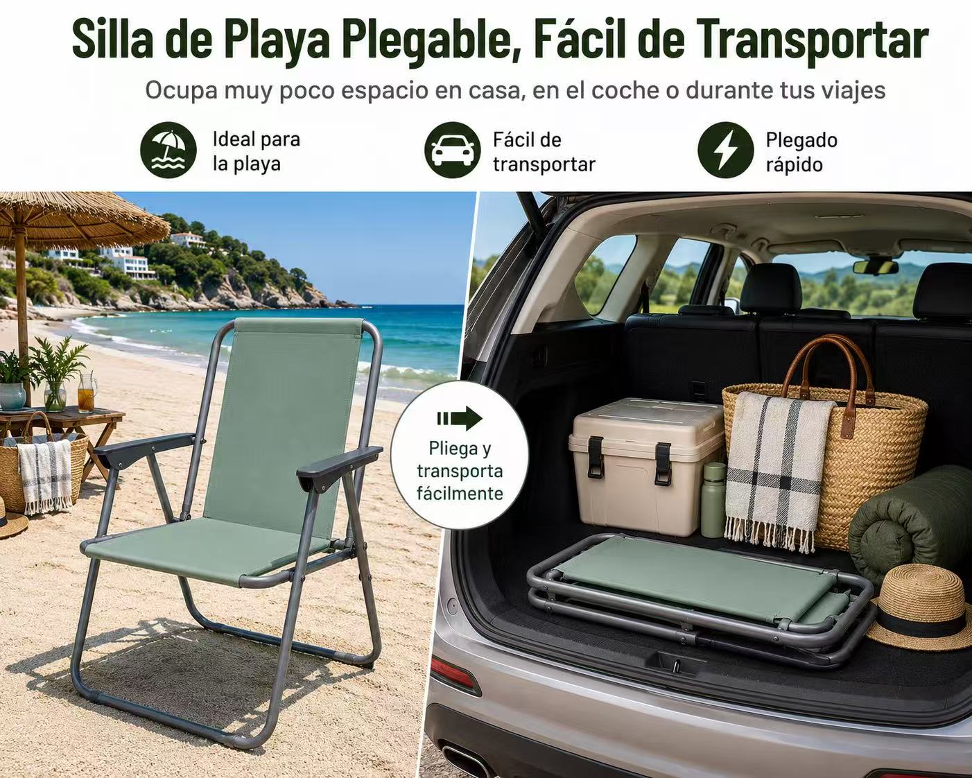 Silla de Playa Plegable Compacta, Ultraligera, con Respaldo Alto y Reposabrazos, Fácil de Transportar, Ideal para Playa, Camping, Terraza, Jardín, Balcón y Exterior