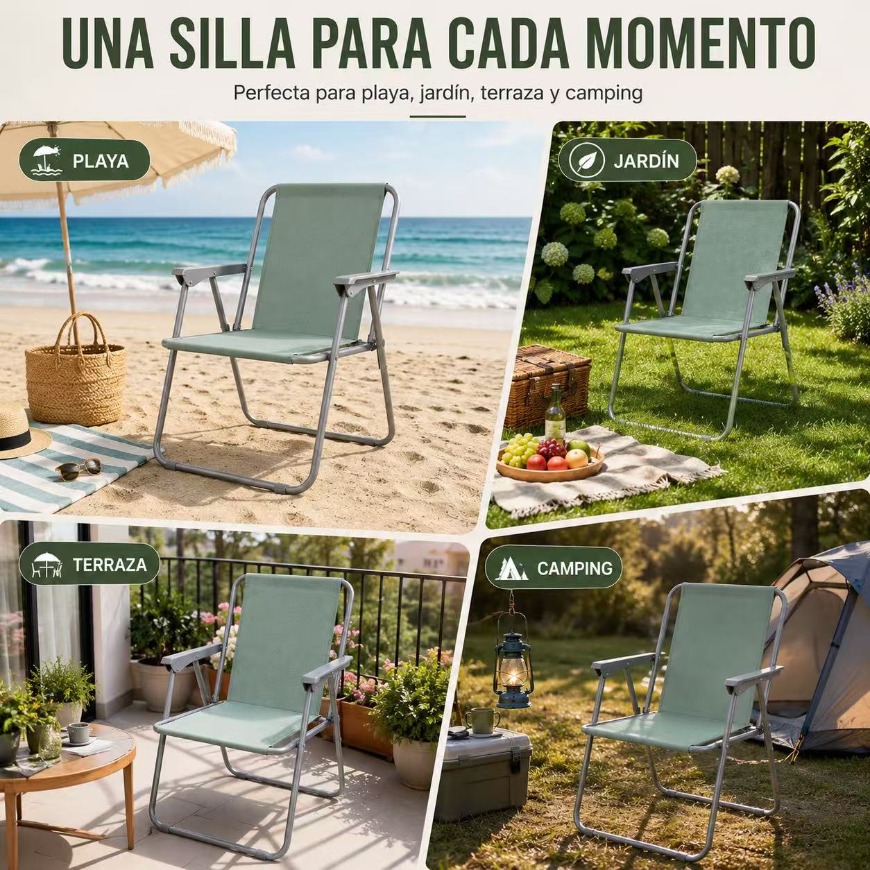 Silla de Playa Plegable Compacta, Ultraligera, con Respaldo Alto y Reposabrazos, Fácil de Transportar, Ideal para Playa, Camping, Terraza, Jardín, Balcón y Exterior