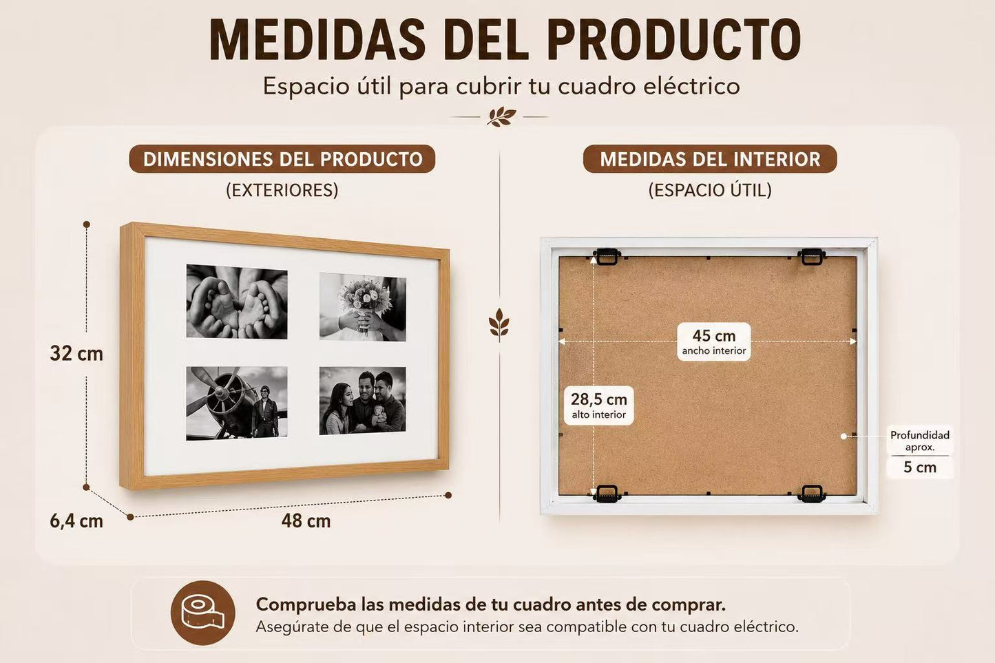Tapa Contador de Luz con Marco para 4 Fotos, Estilo Nórdico, Cubre Cuadro Eléctrico, 48 × 32 cm