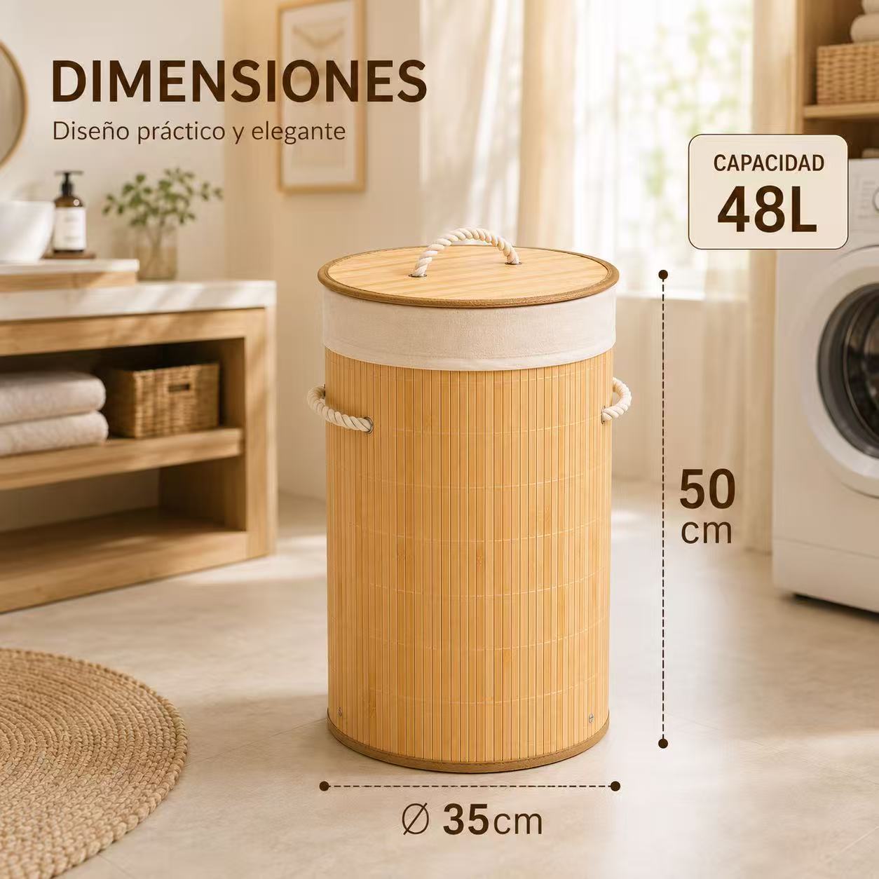 Cesto Para Ropa Sucia, Pongotodo con Tapa Separada Individualmente y Asas, Bolsa Lavable Extraíble, Cesta de Bambú Para Ropa