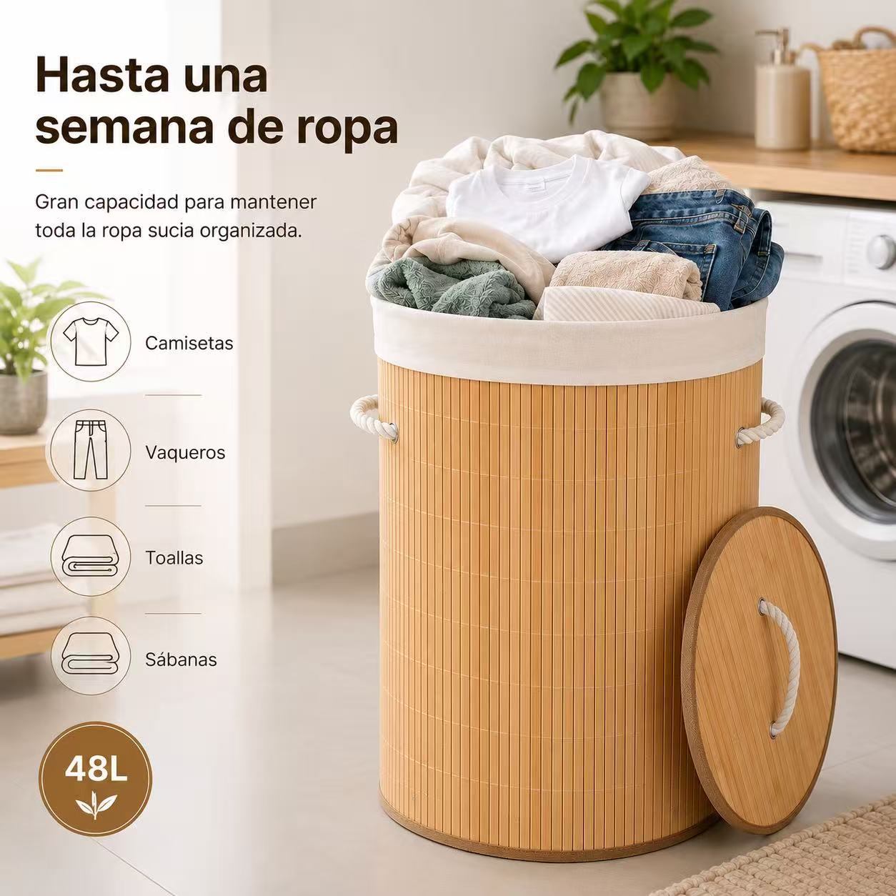 Cesto Para Ropa Sucia, Pongotodo con Tapa Separada Individualmente y Asas, Bolsa Lavable Extraíble, Cesta de Bambú Para Ropa