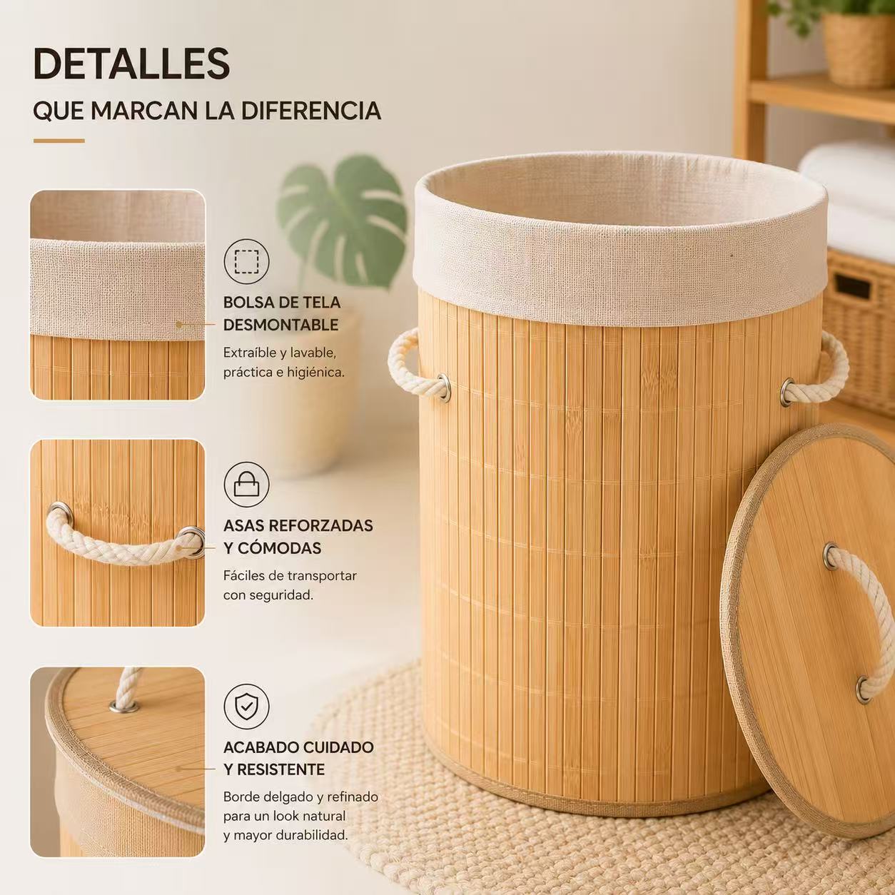 Cesto Para Ropa Sucia, Pongotodo con Tapa Separada Individualmente y Asas, Bolsa Lavable Extraíble, Cesta de Bambú Para Ropa
