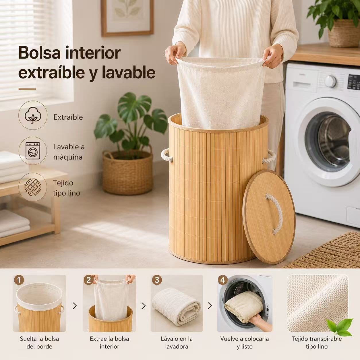 Cesto Para Ropa Sucia, Pongotodo con Tapa Separada Individualmente y Asas, Bolsa Lavable Extraíble, Cesta de Bambú Para Ropa