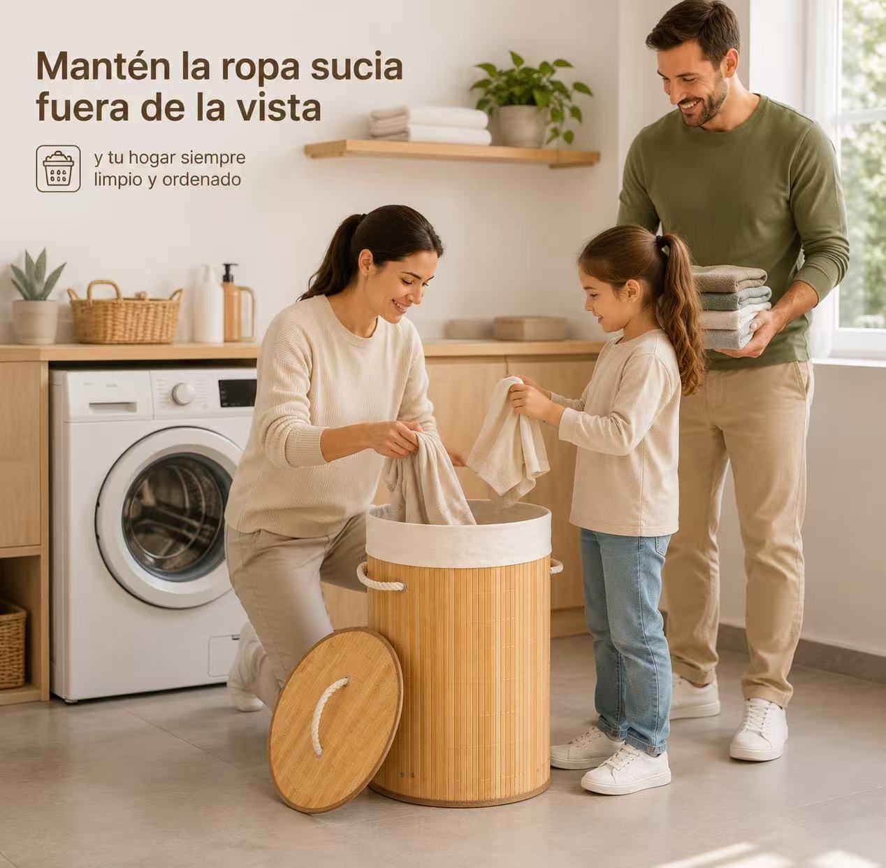Cesto Para Ropa Sucia, Pongotodo con Tapa Separada Individualmente y Asas, Bolsa Lavable Extraíble, Cesta de Bambú Para Ropa