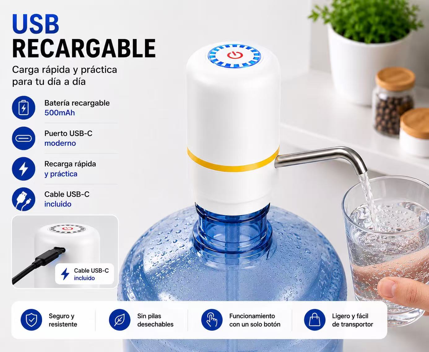 Dispensador de Agua para Garrafas 5L-20L, Bomba de Agua Eléctrica Automática USB-C Recargable, Adaptador Universal, Tubo de Acero Inoxidable, Compatible con la Mayoría de Bidones