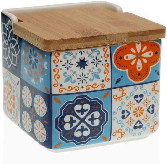 Salero de Cocina de Cerámica con Tapa de Madera Diseños Originales Mosaico Bicolor