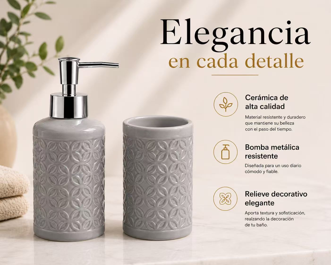 Set de Baño de Cerámica, Dispensador de Jabón y Vaso para Cepillos de Dientes, Accesorios para Baño y Lavabo, Diseño Moderno