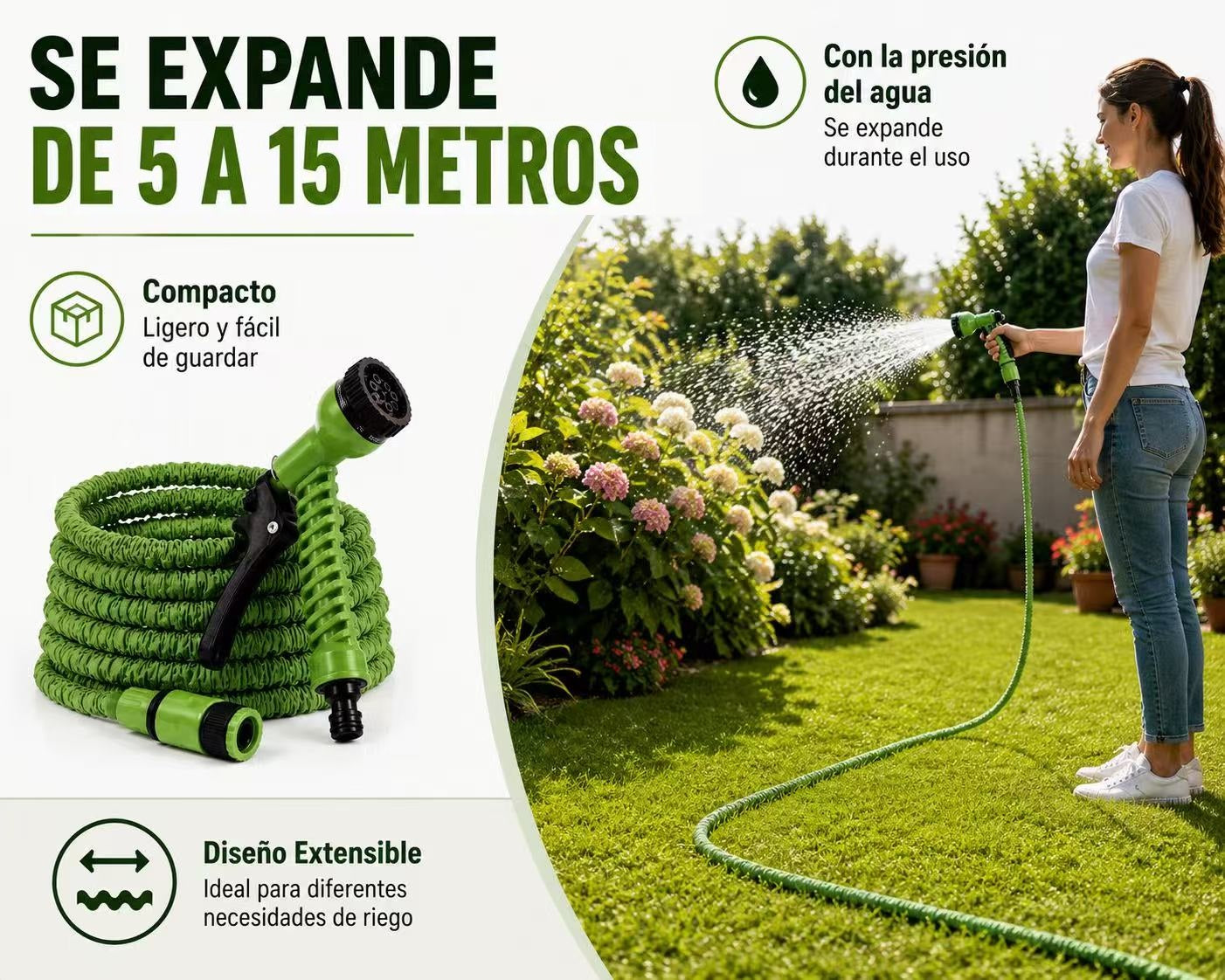 Manguera Extensible de Jardín 5-15 m con Pistola de Riego de 7 Modos y Gatillo con Bloqueo, para Césped, Piscina, Terraza y Lavado de Coches