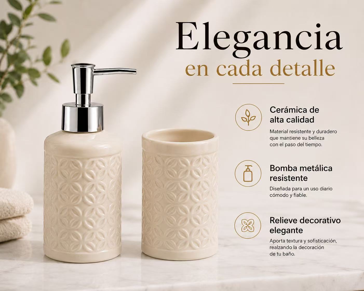Set de Baño de Cerámica, Dispensador de Jabón y Vaso para Cepillos de Dientes, Accesorios para Baño y Lavabo, Diseño Moderno