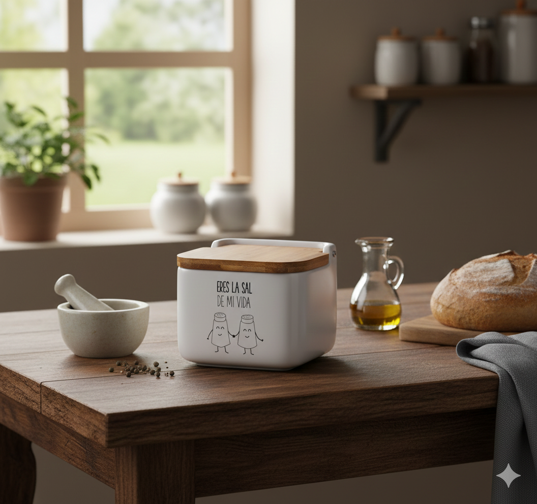Salero de Cocina de Cerámica con Tapa de Madera Diseños Originales ECHALE Sal A TU Dia…