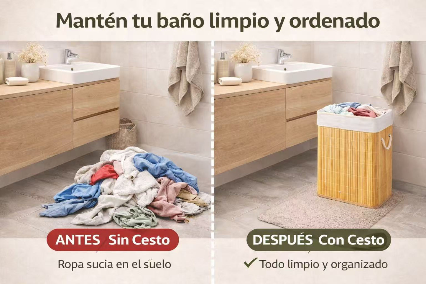 Cesto Para Ropa Sucia, Pongotodo con Tapa Separada Individualmente y Asas, Bolsa Lavable Extraíble, Cesta de Bambú Para Ropa