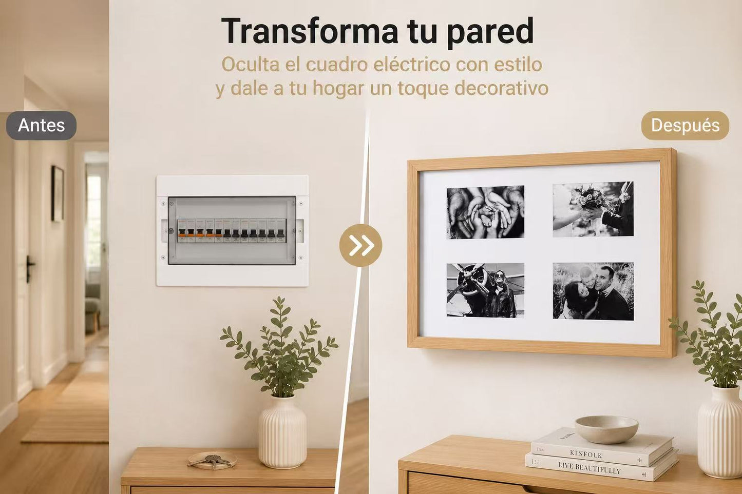 Tapa Contador de Luz con Marco para 4 Fotos, Estilo Nórdico, Cubre Cuadro Eléctrico, 48 × 32 cm