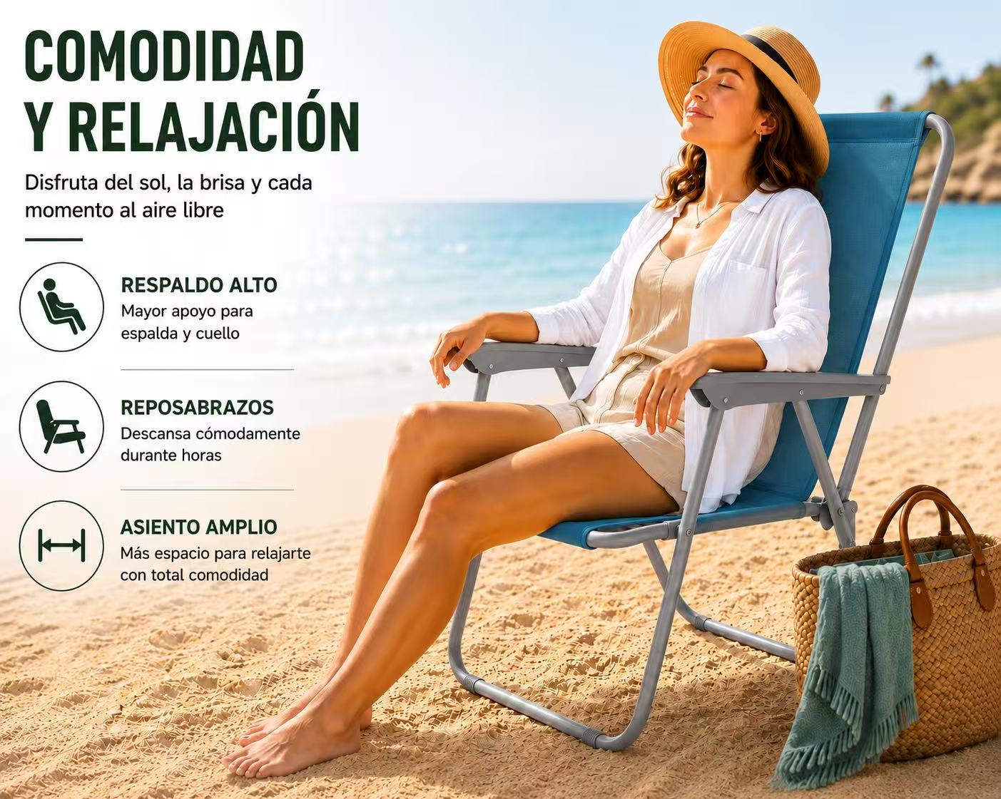 Silla de Playa Plegable Compacta, Ultraligera, con Respaldo Alto y Reposabrazos, Fácil de Transportar, Ideal para Playa, Camping, Terraza, Jardín, Balcón y Exterior