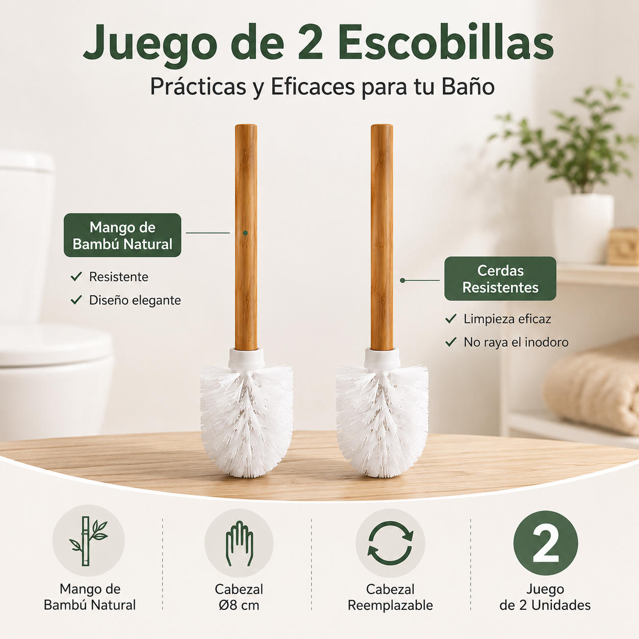 Pack 2 Escobillas Blanca Palo de Bambu,Escobilla de Baño de Bambú, Juego de 2 Cepillos para Inodoro con Mango de Madera Natural,