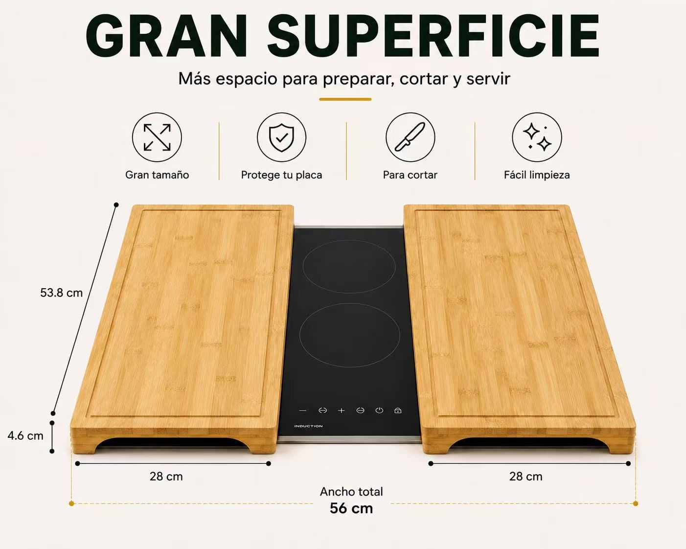 Protector para Vitrocerámica e Inducción, Pack de 2 Tablas de Cortar de Bambú con Ranura Antiderrames, Amplía el Espacio de Trabajo para Cortar, Servir y Proteger, 53,8 × 28 cm