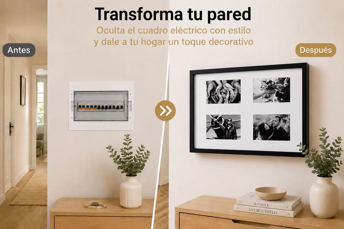 Tapa Contador de Luz con Marco para 4 Fotos, Estilo Nórdico, Cubre Cuadro Eléctrico, 48 × 32 cm
