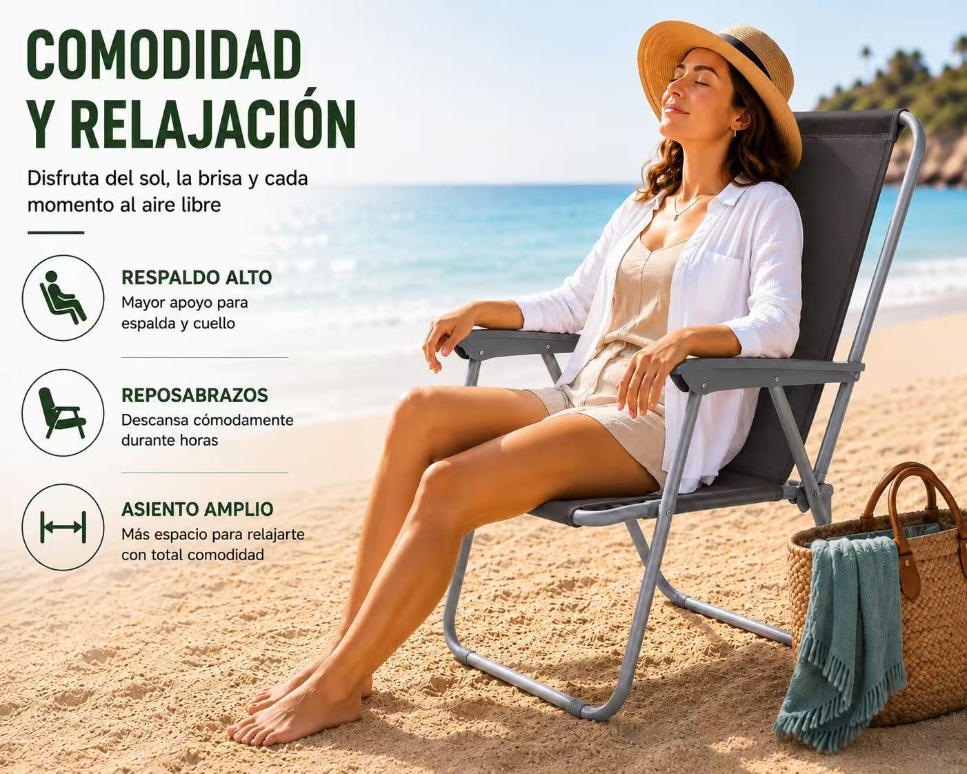 Silla de Playa Plegable Compacta, Ultraligera, con Respaldo Alto y Reposabrazos, Fácil de Transportar, Ideal para Playa, Camping, Terraza, Jardín, Balcón y Exterior