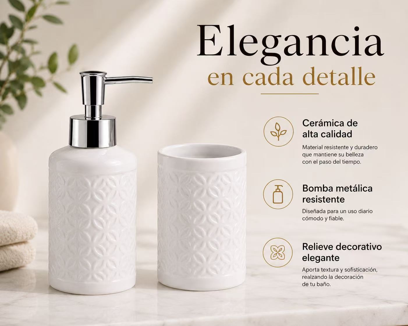 Set de Baño de Cerámica, Dispensador de Jabón y Vaso para Cepillos de Dientes, Accesorios para Baño y Lavabo, Diseño Moderno