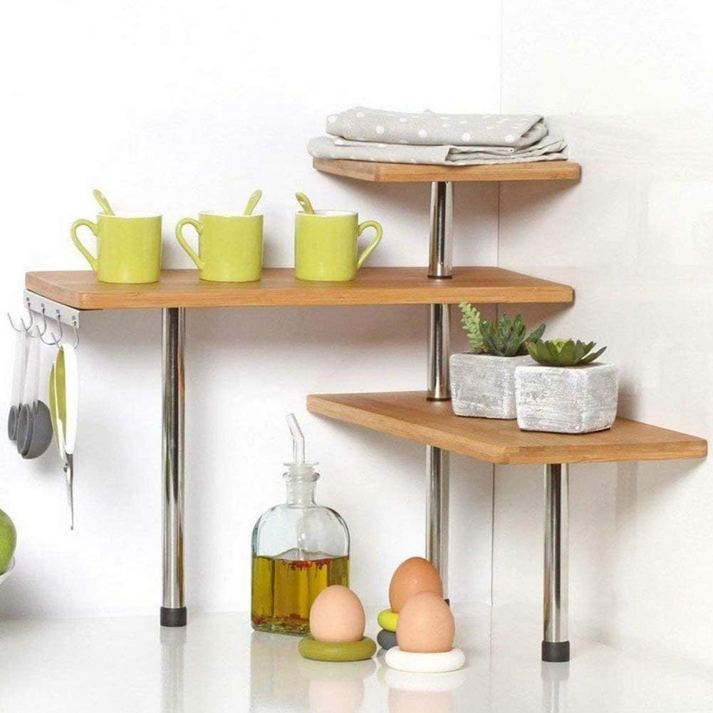 Estantería esquinera para Cocina, 3 estantes, Madera de bambú, Estructura de Acero, Mueble esquinero, portaobjetos con Ganchos