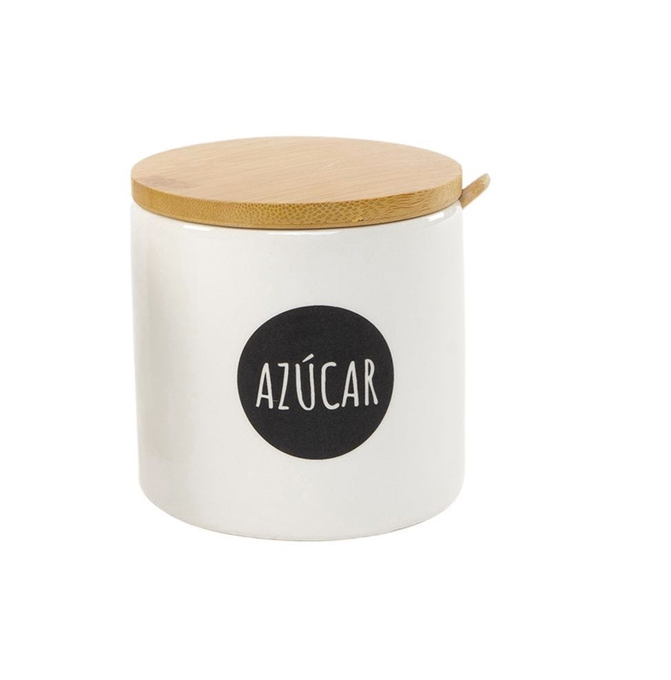 Salero y azucarero cocina blanco minimalista ceramica con tapa madera español (Salero)