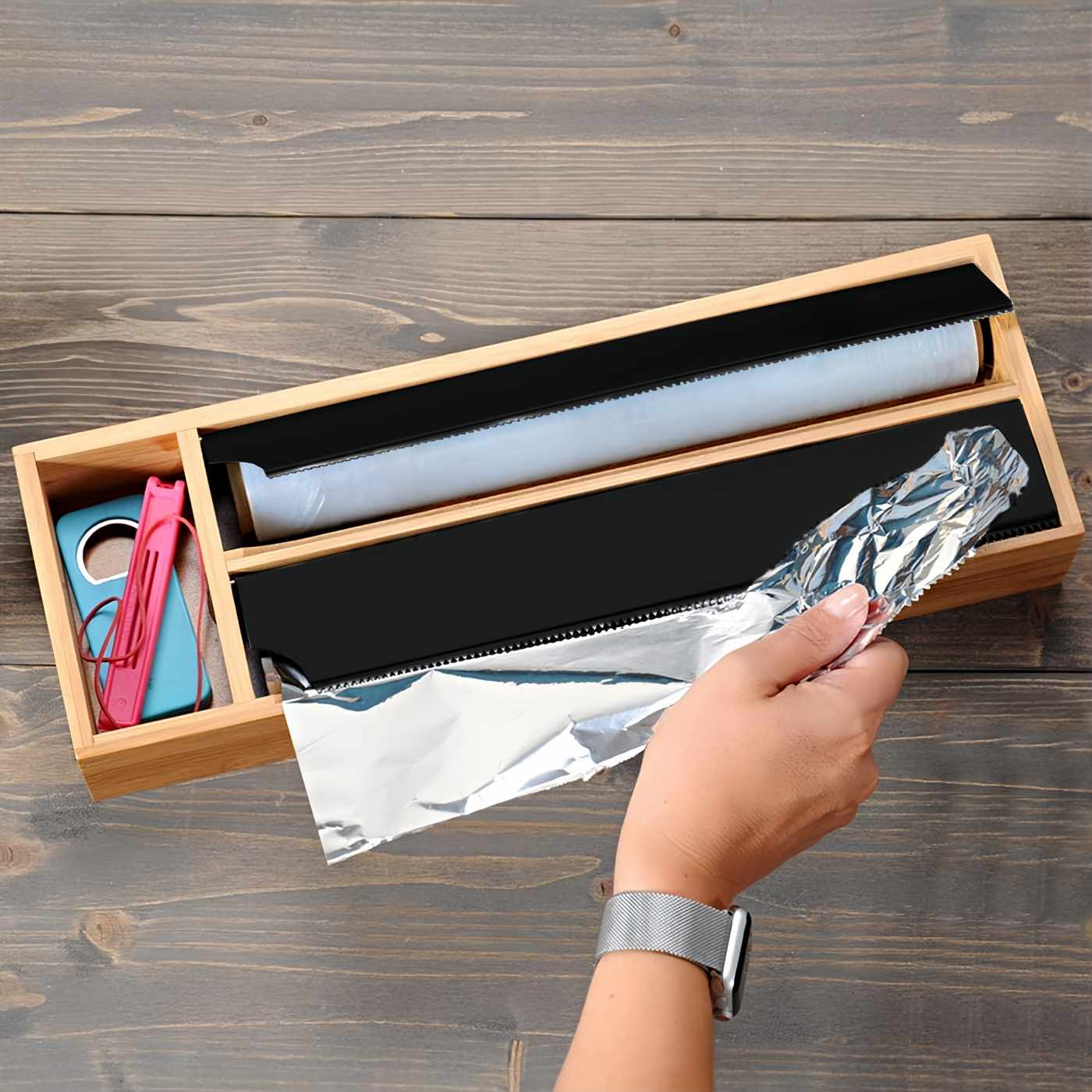 Dispensador para Film Transparente, Soporte de Rollos de Papel de Aluminio, Caja de Bambú para Papel Film Transparente y Papel de Aluminio (2 in 1)