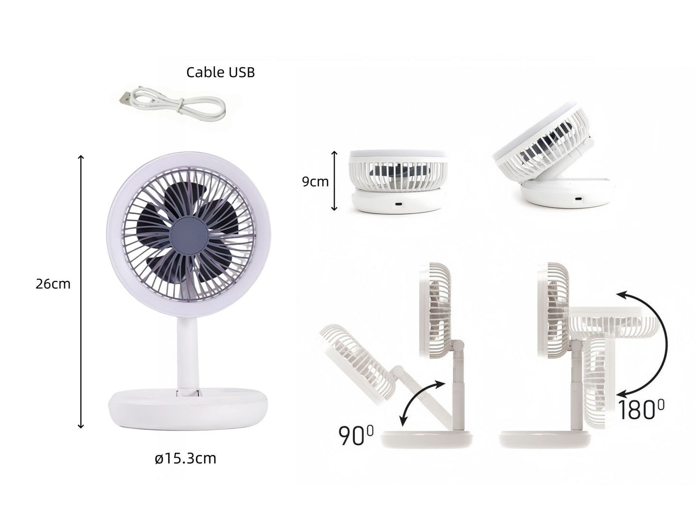 Ventilador de Sobremesa, Ventilador USB Plegable con Luz LED, Ventilador de Refrigeración Ajustable 180°, Portátil y Silencioso