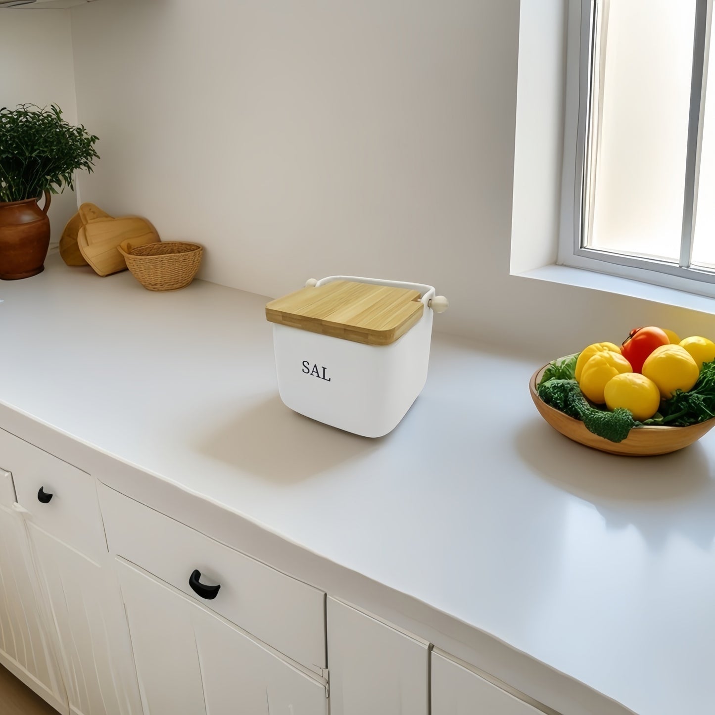 Salero y azucarero cocina blanco minimalista ceramica con tapa madera español (Salero)