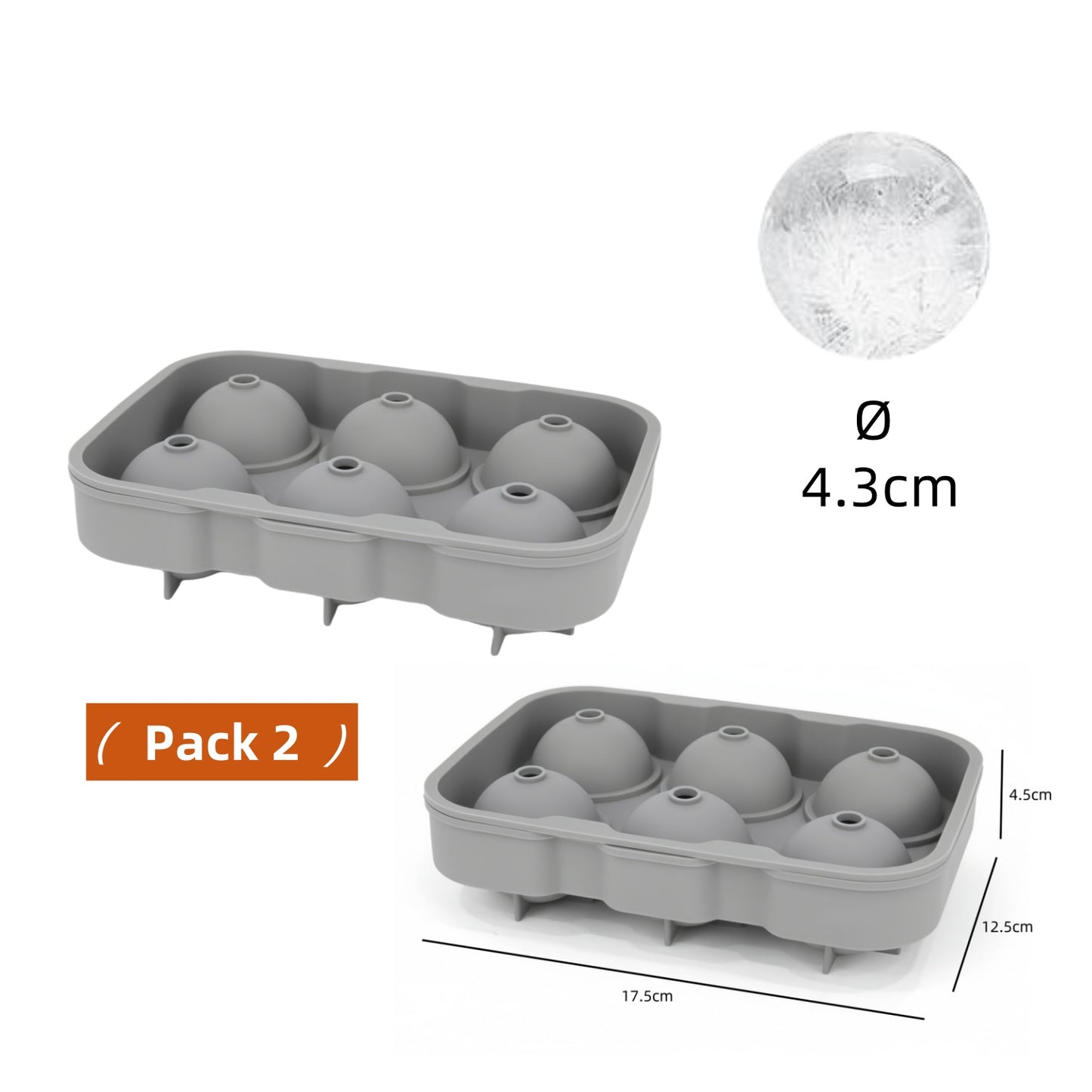 Cubitera de Silicona de Hielo,Cubos de Hielo Forma Redonda, Bandeja Hielera de Fácil Extracción, Color Gris, Pack 2 (Hielo Redonda)