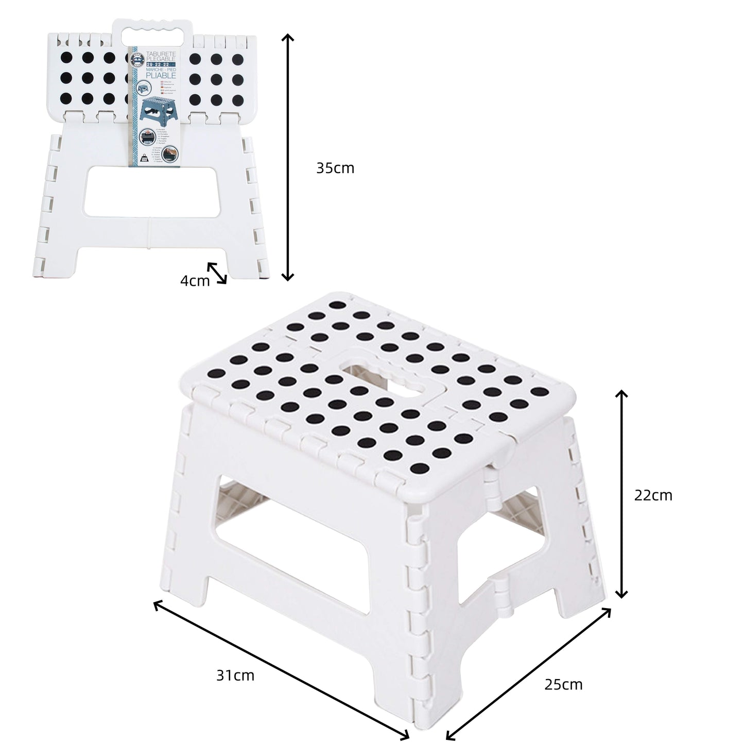 Taburete Plegable de Plástico con Superficie Antideslizante, Portátil y Resistente, Para Cocina, Baño o Niños – Blanco y Gris