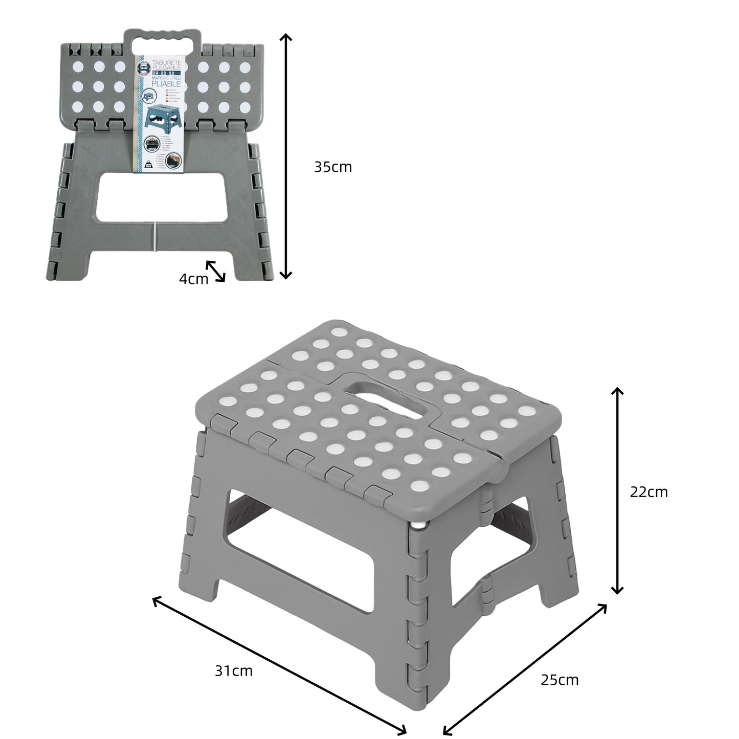 Taburete Plegable de Plástico con Superficie Antideslizante, Portátil y Resistente, Para Cocina, Baño o Niños – Blanco y Gris