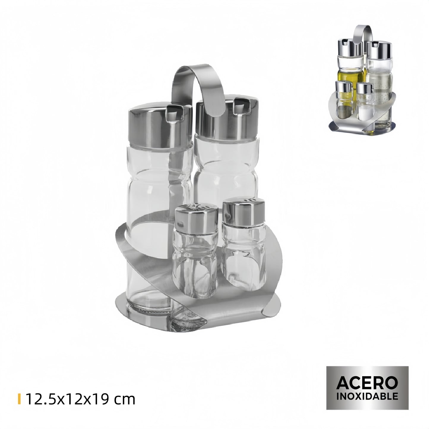 Set de Aceitera y Vinagrera, Vidrio, Acero Inoxidable, Juego de 4 Especieros, con Asa Fácil Transporte, Ideal Para Cocina, Comedor o Restaurante